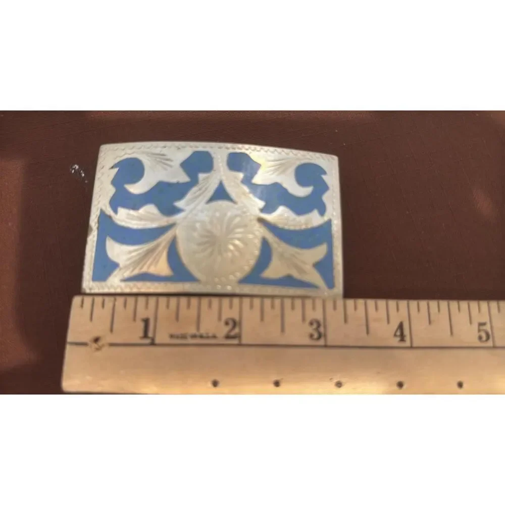 Vintage Western Style Dress Belt Buckle  Silver Tone Metal W/ Blue Accent